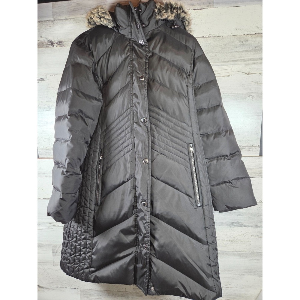 London Fog Puffer Coat‎ Women Large Black Faux Fur Hood Down Blend Winter